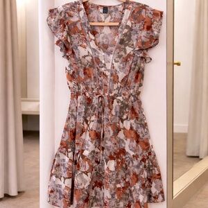 Rust Floral Ruffle Sleeve Dress 🍂